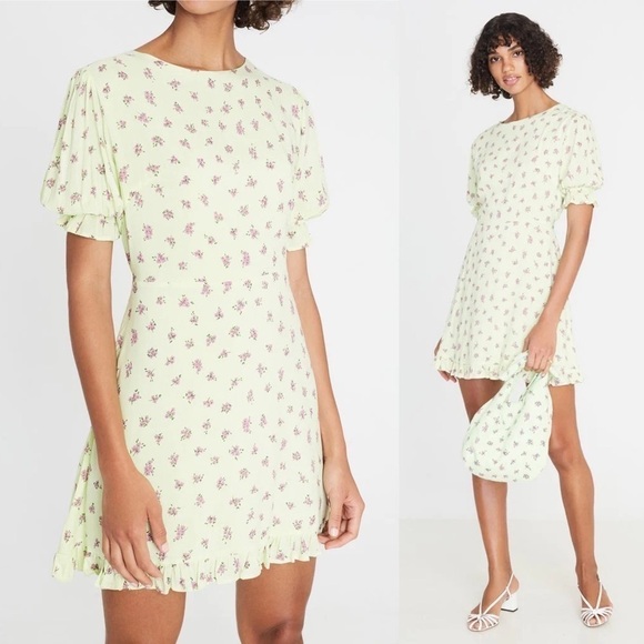 Faithfull the Brand Florence Mini Dress Luda Floral Print Lime - Picture 1 of 11